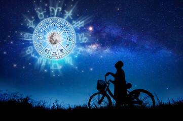 Zodiac signs inside of horoscope circle. Astrology in the sky with many stars and moons  astrology...