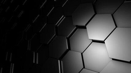 Abstract background, black hexagons on a dark background. Abstract Studio of the future. 3d render illustration