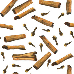 Repeat texture dried cinnamon sticks and clove bud on white background. Watercolor hand drawing illustration. Spice digital paper or wallpaper. Perfect for food design.
