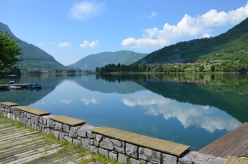 Obraz premium Lake d'Iseo (Lago d'iseo) near Bergamo in Lombardy, Italy, a sunny day in spring