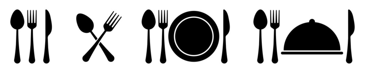 Fork, knife, spoon and plate icon set on white background. Restaurant symbols isolated. Cutlery black silhouette. Vector illustration.