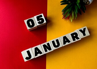 January 5 in black letters on wooden blocks on a divided yellow-red background .Next to a flower...