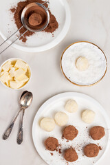 Homemade Indian round vegetarian sweets. Coconut and cocoa balls in a white bowl with coconut, cocoa shavings