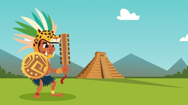 culture aztec pyramid with native character scene animation