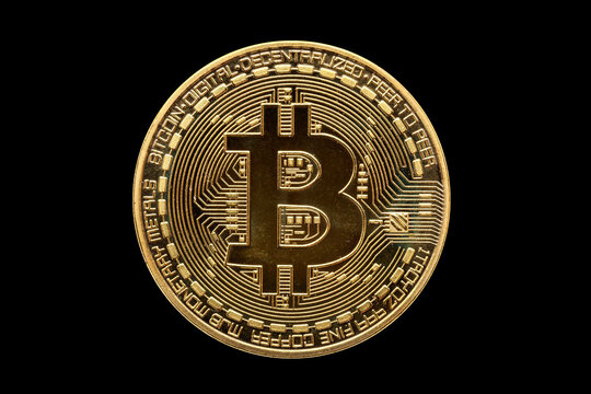 Gold Bitcoin electronic cryptocurrency money currency coin cut out and isolated on a black background, stock photo image