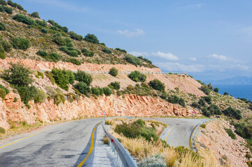 Aerial view over curved mountain road, Datca, Turkey