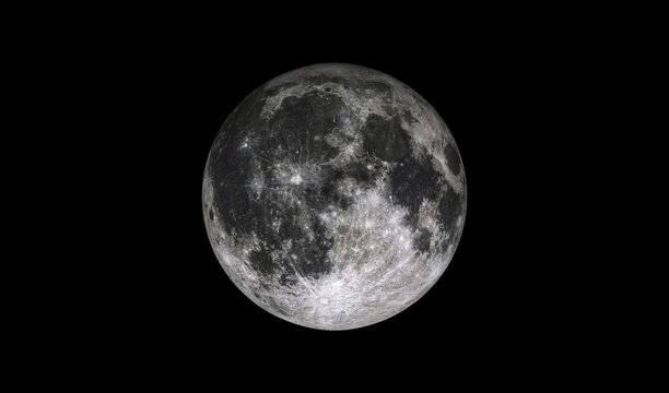 Full moon isolated on black space. Bright lunar moonlight satelite. Close up craters on moon. 