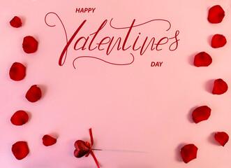 Happy Valentine's day! Card, online banner, greeting card, Flat lay on Valentine's Day  With red roses