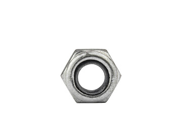 metal nut and bolts in silver color, isolate on a white background