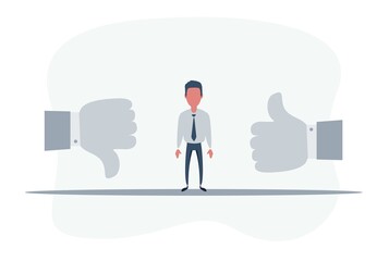 Man Standing in the middle between Thumbs up and Thumbs down. like and dislike concept. Vector flat design illustration.
