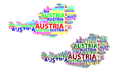 Sketch Austria letter text map, Albania - in the shape of the continent, Map Republic of Austria - color vector illustration