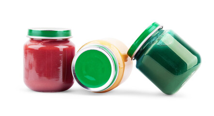 Jars with different baby food on white background