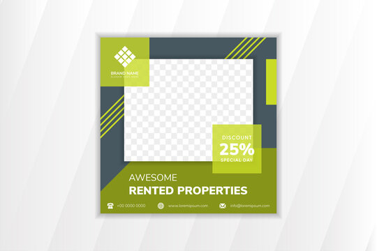 Abstract Geometric Social Media Post Banner Template Design With Headline Is Awesome Rented Properties. Square Layout With Green Element And Grey Background. Rectangle Shape For Photo Space.