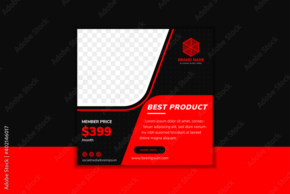 Poster social media post banner template design with headline is best product. square layout with red eleme