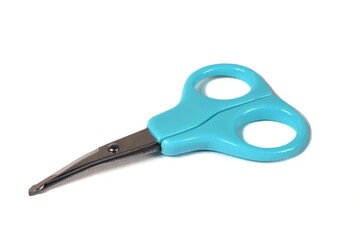 Blue baby scissors on an isolated white background. Blue baby scissors on an isolated white background