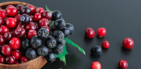 Cranberries and chokeberry in wooden bowl on black background. Nature, autumn, crop, food, berry banner.	