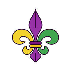 Web icon of fleur de lis, geraldic french lily in traditional purple, green and yellow palette. Symbol of Mardi Gras or Fat Tuesday - vector pictogram