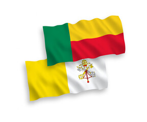 National vector fabric wave flags of Vatican and Benin isolated on white background. 1 to 2 proportion.