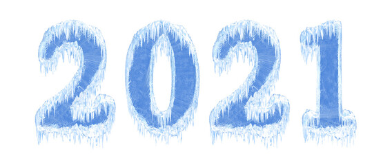 2021 new year ice number. Symbol of the year in the form of numbers from frozen water with icicles. Isolated on white. 3d render