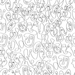 Surreal Faces One Line Seamless Pattern . Abstract Minimalistic Art design for print, cover, wallpaper, Minimal and natural wall art. Vector illustration on white background. 