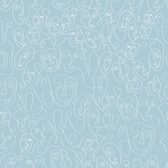 Surreale Gesichter Ein Liniennahtloses Muster. Abstraktes minimalistisches Kunstdesign für Druck, Cover, Tapete, minimale und natürliche Wandkunst. Vektorillustration auf blauem Hintergrund.