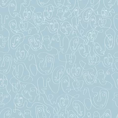 Tapeten Eine Linie Surreale Gesichter Ein Liniennahtloses Muster. Abstraktes minimalistisches Kunstdesign für Druck, Cover, Tapete, minimale und natürliche Wandkunst. Vektorillustration auf blauem Hintergrund.