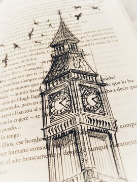 Dibujo del Big Ben sobre libro de texto