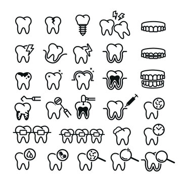 Vector image. Collection of grinding wheels icons. Image of cavities, molar implant and toothache.