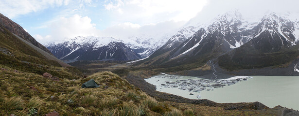 Mountain and Lake Winter Landscapes near Aoraki - Mount Cook National Park at Tasman Lake on the South Island of New Zealand.