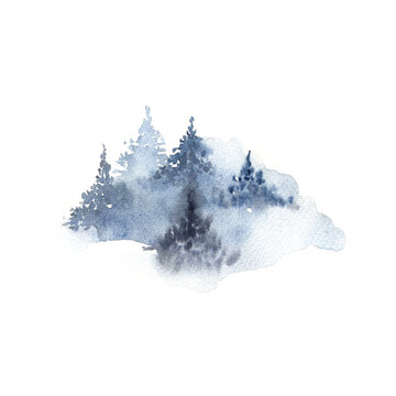 Winter cloudy forest watercolor illustration. Mysterious landscape background. © Renata