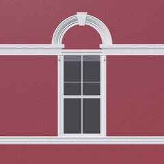 The arched window facade is painted in the English style. Background wall of red painted walls and a window in the English style.. 3D-rendering
