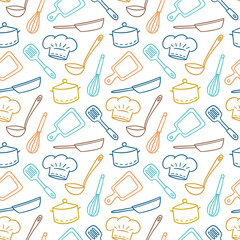 Hand drawn seamless pattern on the theme of chef, kitchen and cook. Vector illustration in doodle style on white background © Elena Pimukova