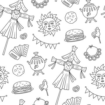 Maslenitsa seamless pattern. Pancake week elements - blins, sun, scarecrow of winter, accordion. Shrovetide. Vector illustration on doodle style on white background