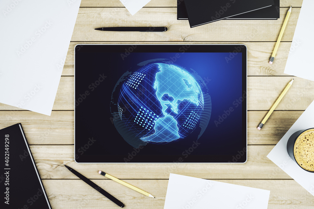 Poster Digital America map on modern digital tablet screen, international trading concept. Top view. 3D Rendering