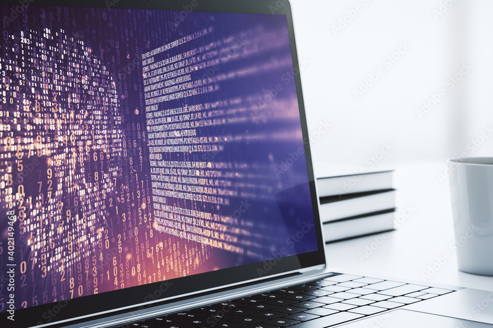 Poster Creative code skull hologram on modern computer monitor, cybercrime and hacking concept. 3D Rendering