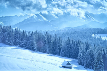 Widok na szczyty Tatr zimą