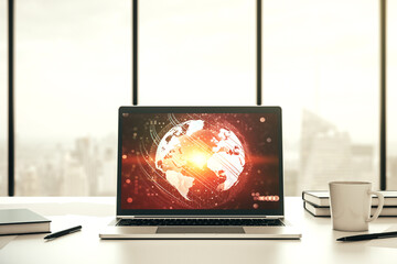 Abstract graphic world map on modern laptop screen, connection and communication concept. 3D Rendering