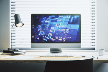 Naklejka premium Computer monitor with abstract financial graph, finance and trading concept. 3D Rendering