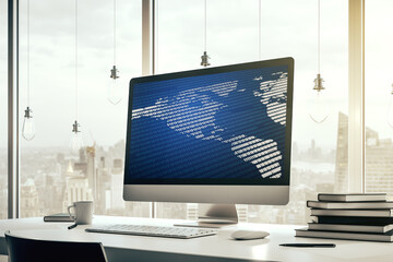 Computer monitor with digital America map, global technology concept. 3D Rendering