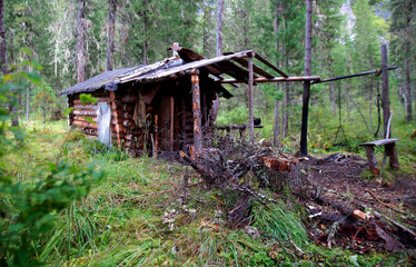 wooden hunting hut in the taiga coniferous forest