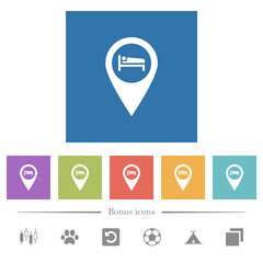 Hotel GPS map location flat white icons in square backgrounds