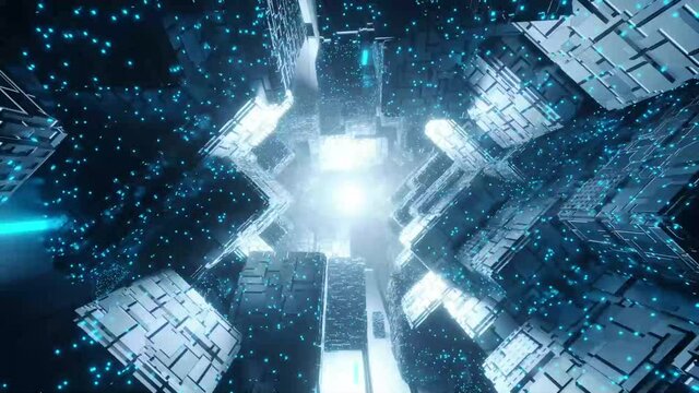 Dynamic sci-fi seamless animation. Loopy animation of shining high-tech objects. Moving background. Video screensaver.