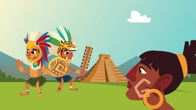 culture aztec pyramid and natives group scene animation