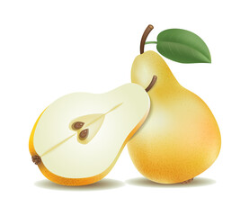 Yellow pears with green leaf and half pear. Vector mesh illustration, isolated on white.