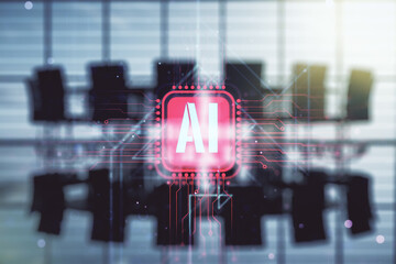 Creative artificial Intelligence symbol hologram on a modern coworking room background. Double exposure