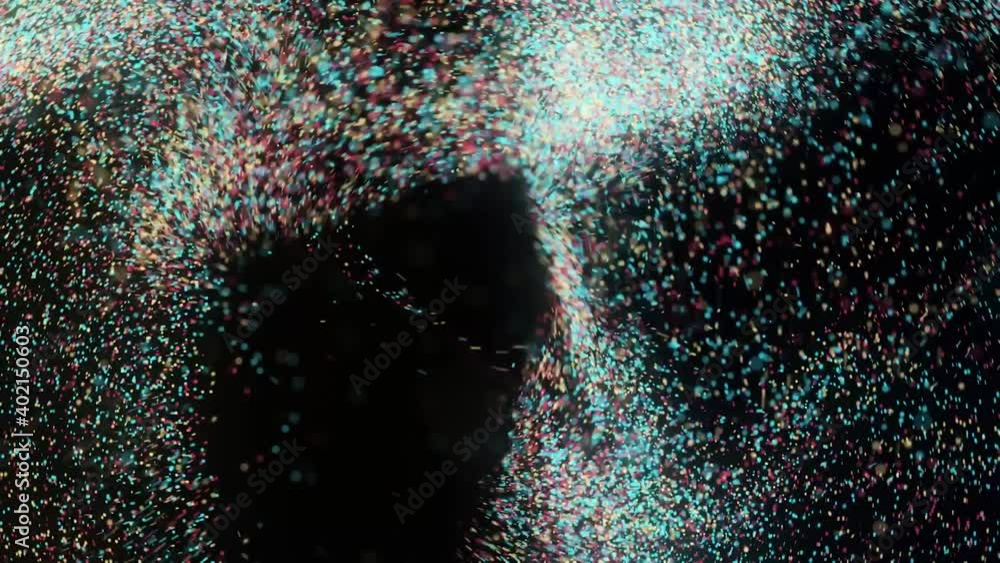 Poster vortex of multi-colored particles. animation. swirl of many colored particles move as if in mixer. c