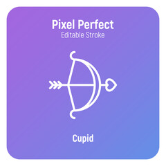 Cupid bow with arrow. Symbol of Valentine day, anniversary. Pixel perfect, editable stroke. Vector illustration.