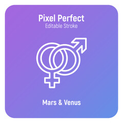 Mars and venus signs are connected. Thin line icon. Pixel perfect, editable stroke. Vector illustration.