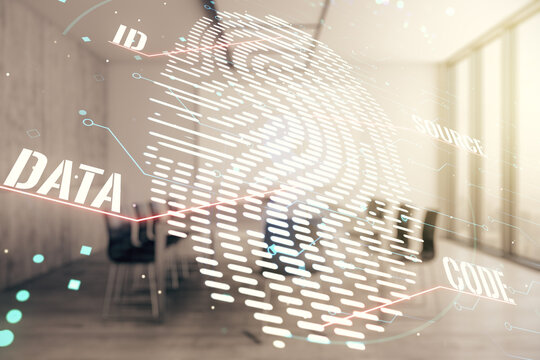 Multi exposure of virtual creative fingerprint hologram on a modern meeting room background, personal biometric data concept