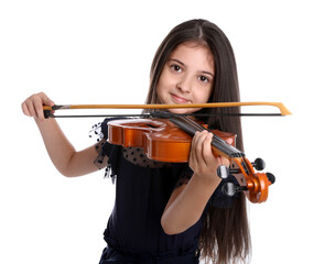 Preteen girl playing violin on white background